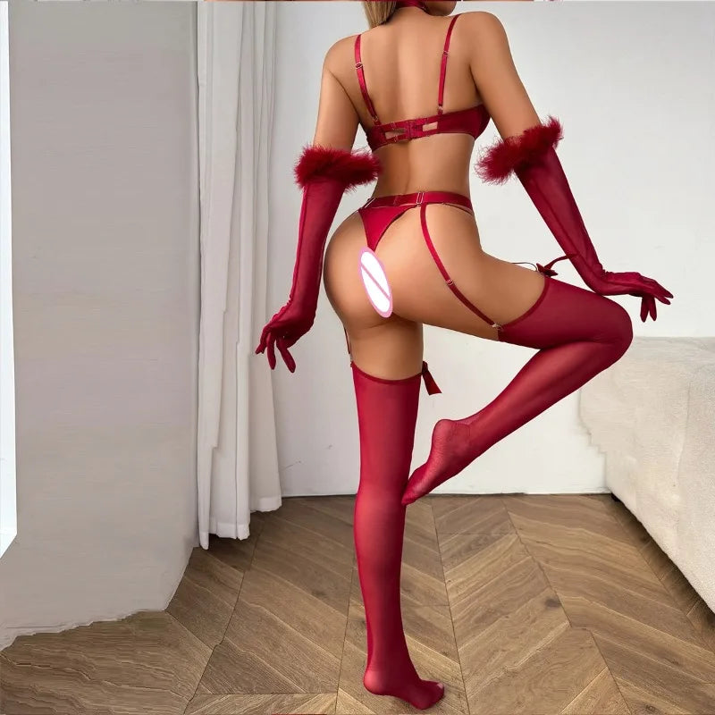 Toucheart See-through Lace Underwear Bow Knot Lace Up Wrap Dress Exposed Navel MeshUnderwear Set