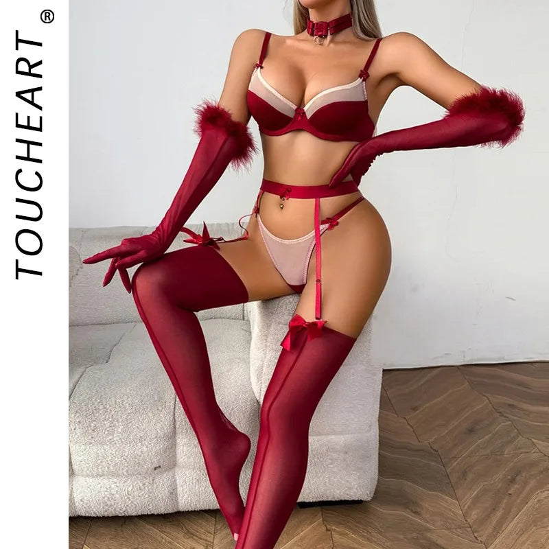 Toucheart See-through Lace Underwear Bow Knot Lace Up Wrap Dress Exposed Navel MeshUnderwear Set