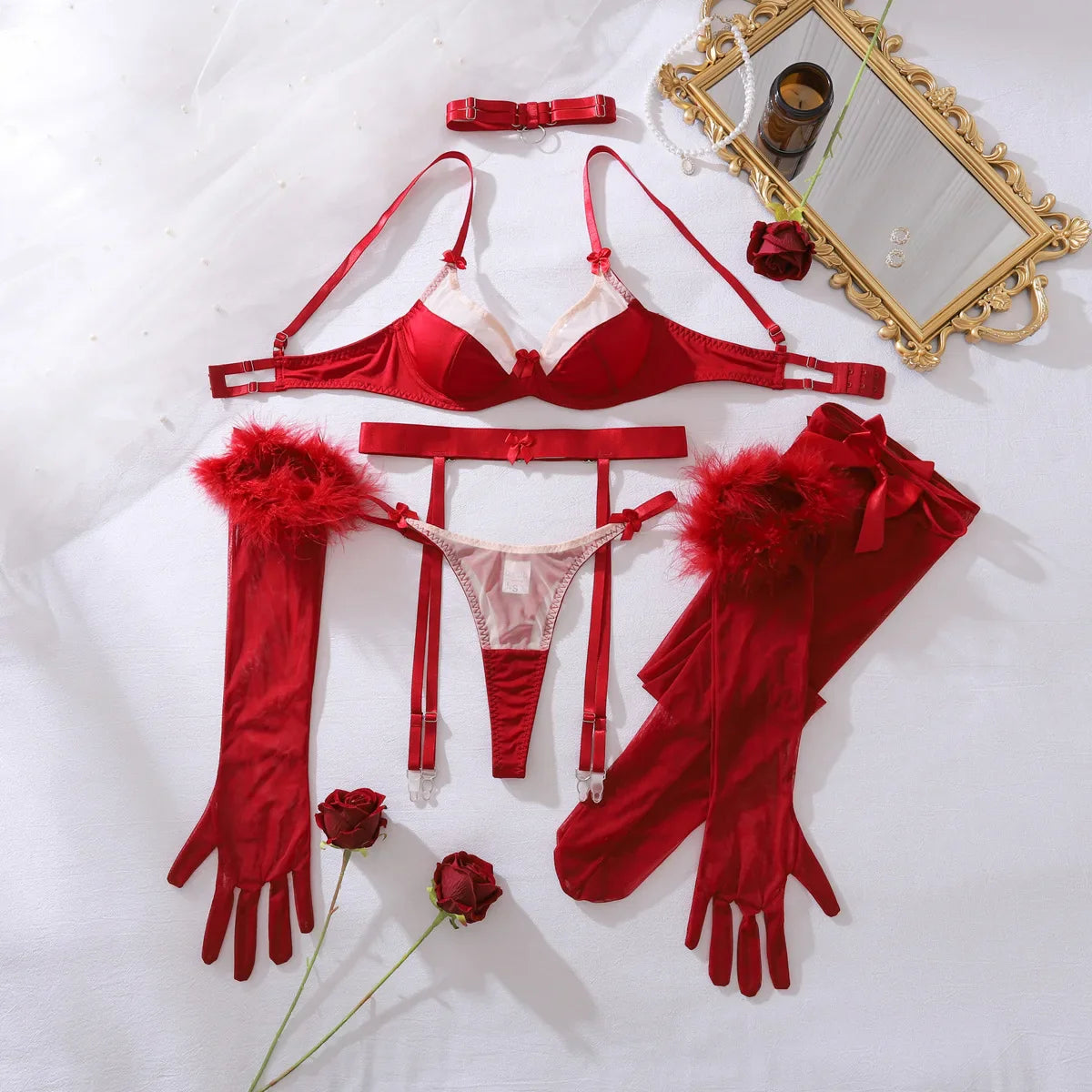 Toucheart See-through Lace Underwear Bow Knot Lace Up Wrap Dress Exposed Navel MeshUnderwear Set