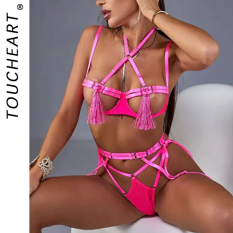 Toucheart Sensual Adult Lingeries Ensemble Femmes Tassel Bra Attractive Chest G-String Babydooll Bra Sets