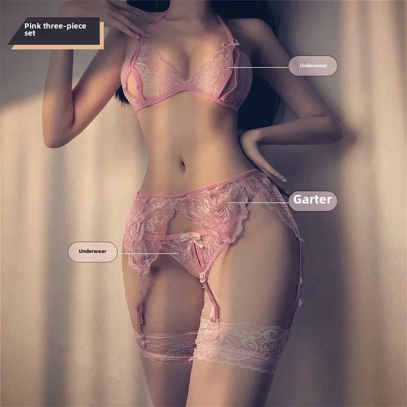 Toucheart 4 Piece Set Underwear Open T-Pants Solid Color Embroidery Mesh See-Through Suit