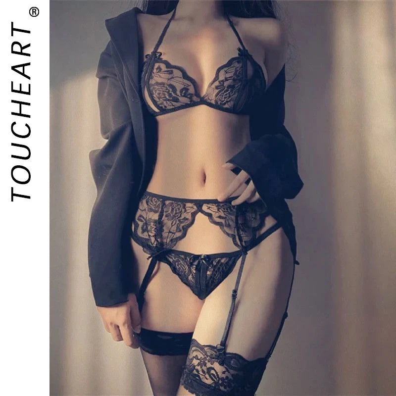 Toucheart 4 Piece Set Underwear Open T-Pants Solid Color Embroidery Mesh See-Through Suit
