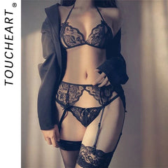 Toucheart 4 Piece Set Underwear Open T-Pants Solid Color Embroidery Mesh See-Through Suit