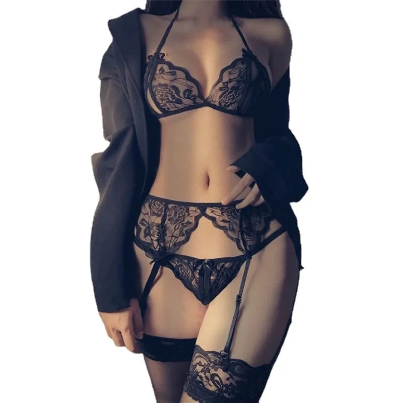 Toucheart 4 Piece Set Underwear Open T-Pants Solid Color Embroidery Mesh See-Through Suit
