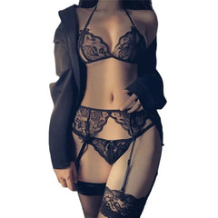 Toucheart 4 Piece Set Underwear Open T-Pants Solid Color Embroidery Mesh See-Through Suit