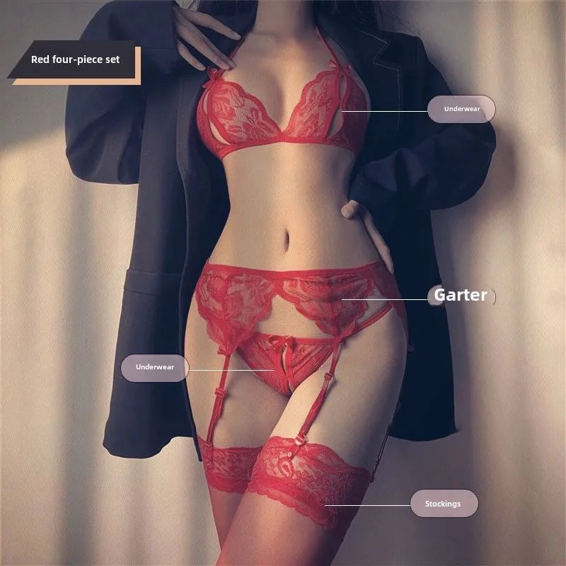 Toucheart 4 Piece Set Underwear Open T-Pants Solid Color Embroidery Mesh See-Through Suit