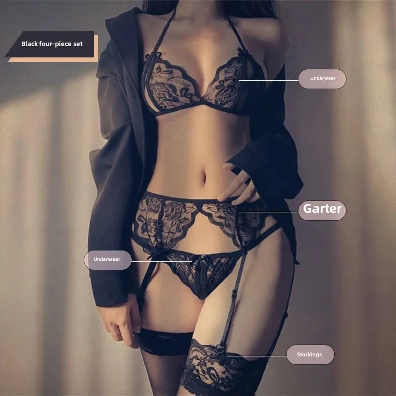Toucheart 4 Piece Set Underwear Open T-Pants Solid Color Embroidery Mesh See-Through Suit