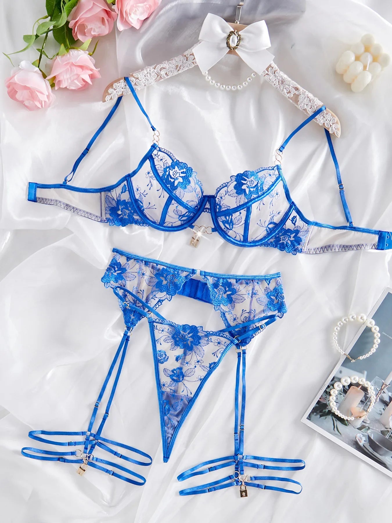 Toucheart Adult Female Lingerie Perspective Embroidered Lingerie Garter Leg Ring Three-piece Set Underwear