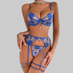 Toucheart Adult Female Lingerie Perspective Embroidered Lingerie Garter Leg Ring Three-piece Set Underwear