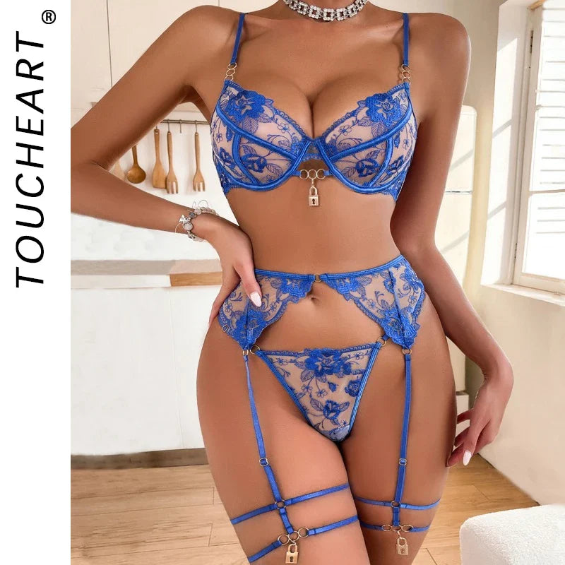 Toucheart Adult Female Lingerie Perspective Embroidered Lingerie Garter Leg Ring Three-piece Set Underwear