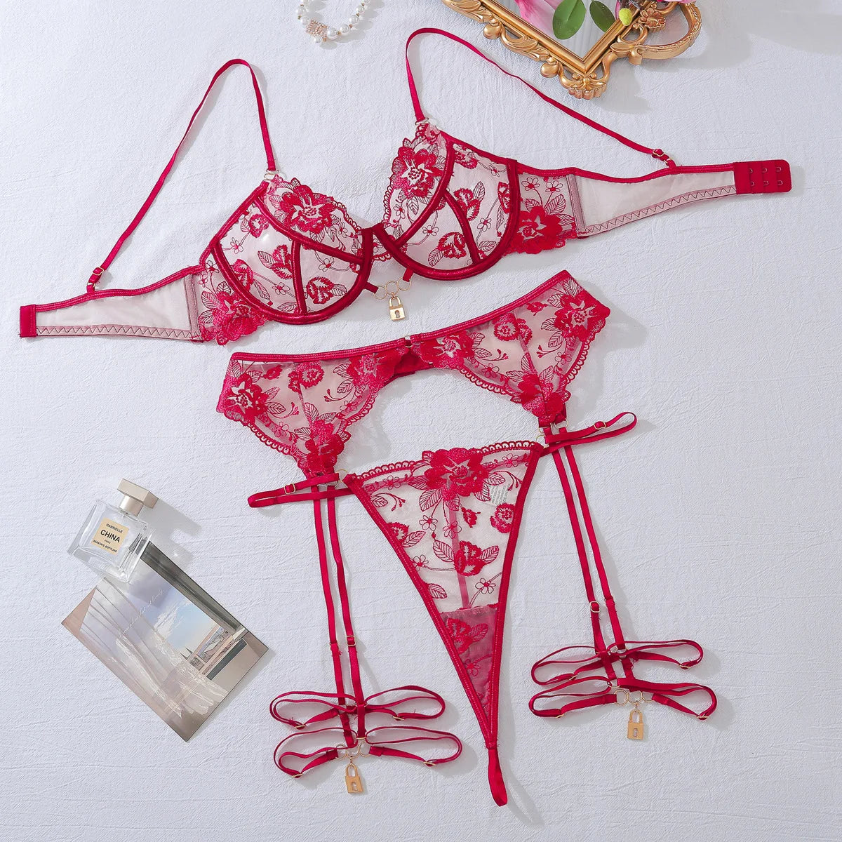 Toucheart Adult Female Lingerie Perspective Embroidered Lingerie Garter Leg Ring Three-piece Set Underwear