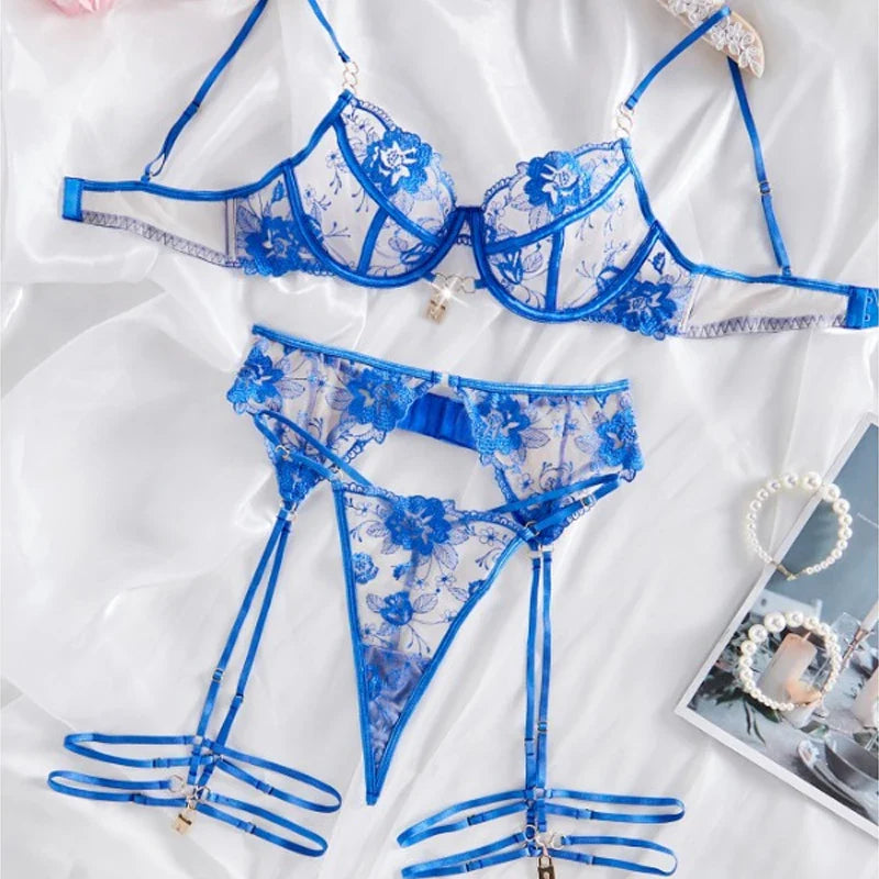 Toucheart Adult Female Lingerie Perspective Embroidered Lingerie Garter Leg Ring Three-piece Set Underwear