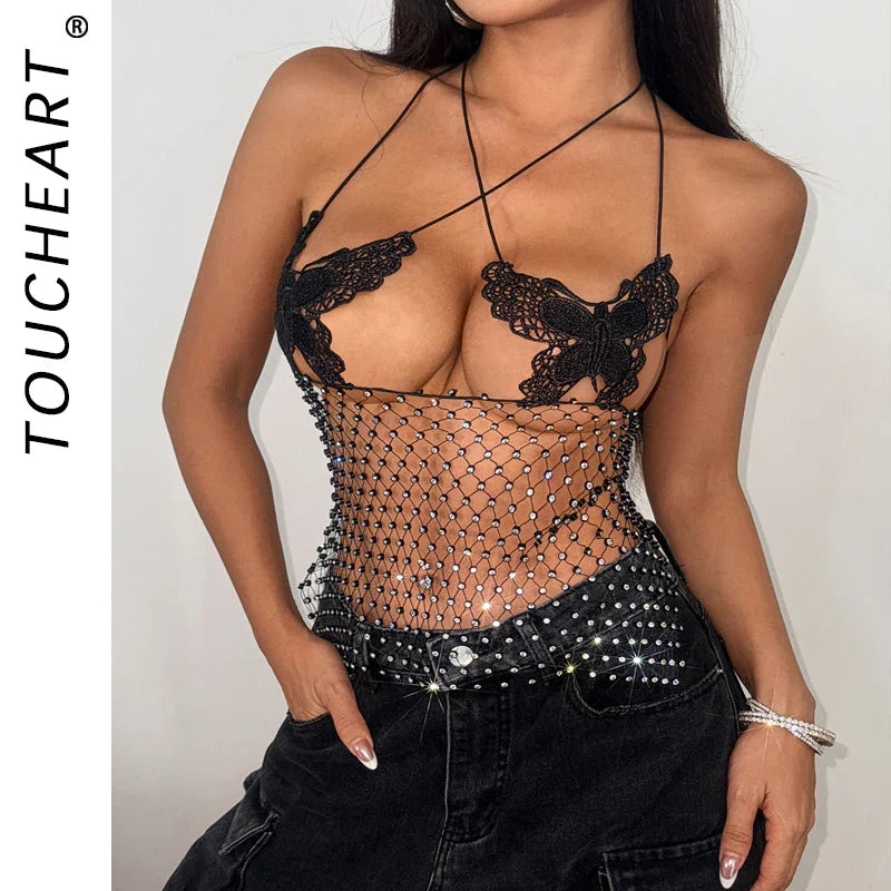Toucheart Adult Female Latex Girl Suspender Lace Halter Neck Top Party Vest Fishnet Splicing Backless Top