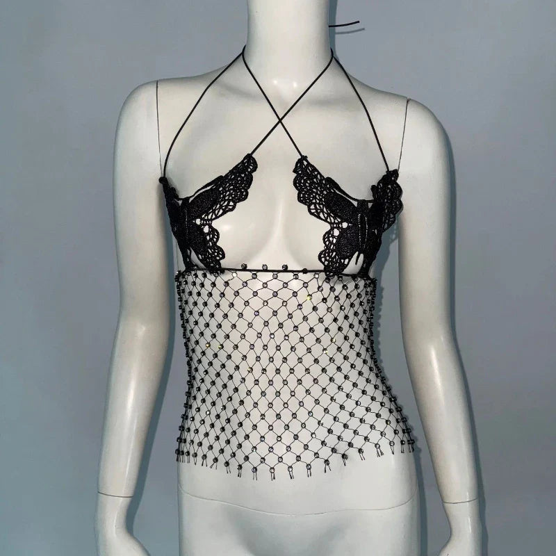 Toucheart Adult Female Latex Girl Suspender Lace Halter Neck Top Party Vest Fishnet Splicing Backless Top