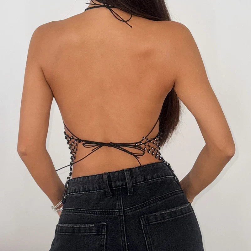 Toucheart Adult Female Latex Girl Suspender Lace Halter Neck Top Party Vest Fishnet Splicing Backless Top