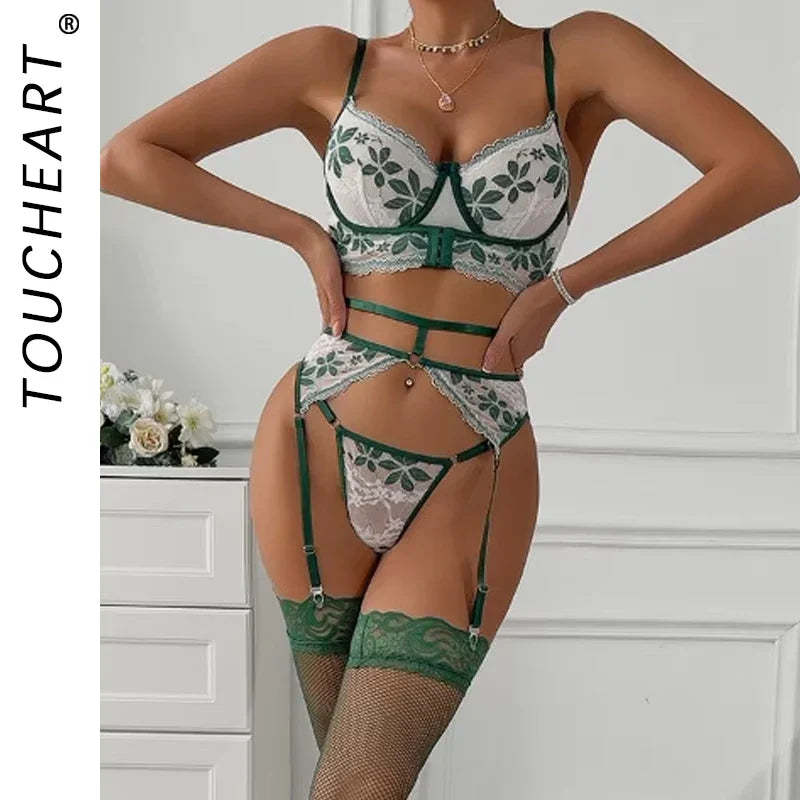 Toucheart Adult Set Contrasting Green Leaf Lace Underwear Micro Perspective Bra Garter Stockings Set