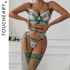 Toucheart Adult Set Contrasting Green Leaf Lace Underwear Micro Perspective Bra Garter Stockings Set