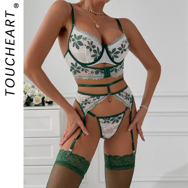 Toucheart Adult Set Contrasting Green Leaf Lace Underwear Micro Perspective Bra Garter Stockings Set