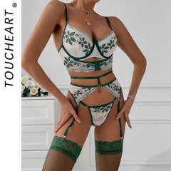 Toucheart Adult Set Contrasting Green Leaf Lace Underwear Micro Perspective Bra Garter Stockings Set