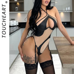 Toucheart Adult Onesie Mesh PU Leather Splicing Perspective Slim Neck Halter Jumpsuit Female Lingerie Set