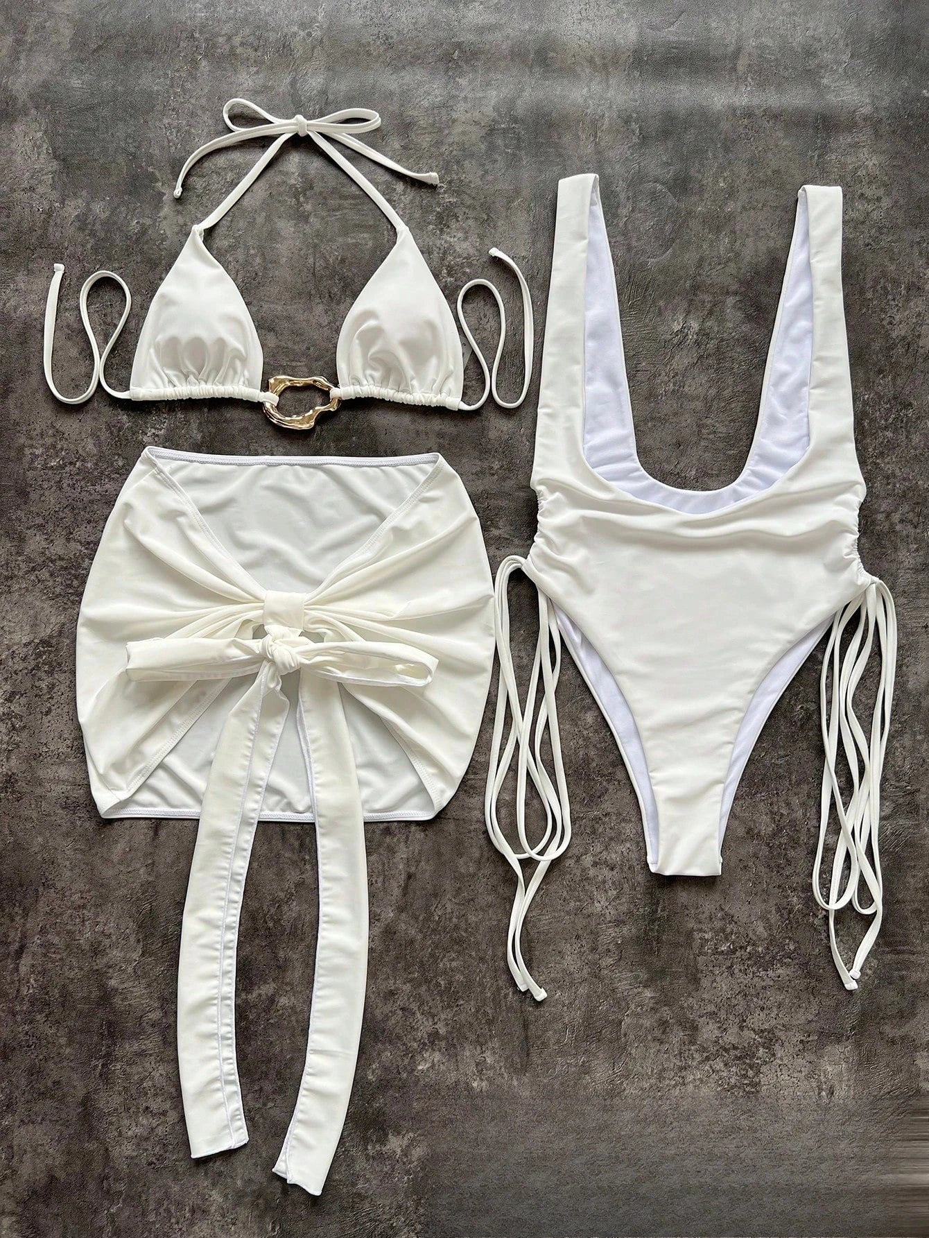 Toucheart Bikini Metal Buckle Lace-up Three-piece Bikini Swimsuit Intimate Bikini Quick-drying Sun Protection Set