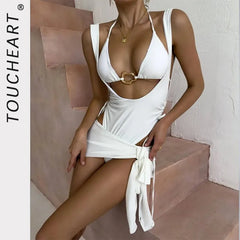 Toucheart Bikini Metal Buckle Lace-up Three-piece Bikini Swimsuit Intimate Bikini Quick-drying Sun Protection Set