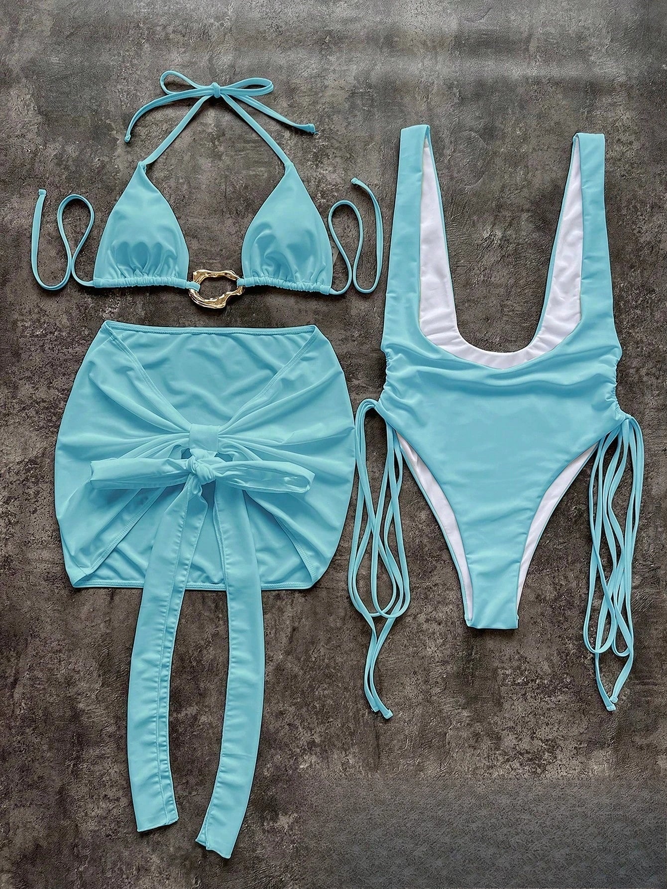 Toucheart Bikini Metal Buckle Lace-up Three-piece Bikini Swimsuit Intimate Bikini Quick-drying Sun Protection Set