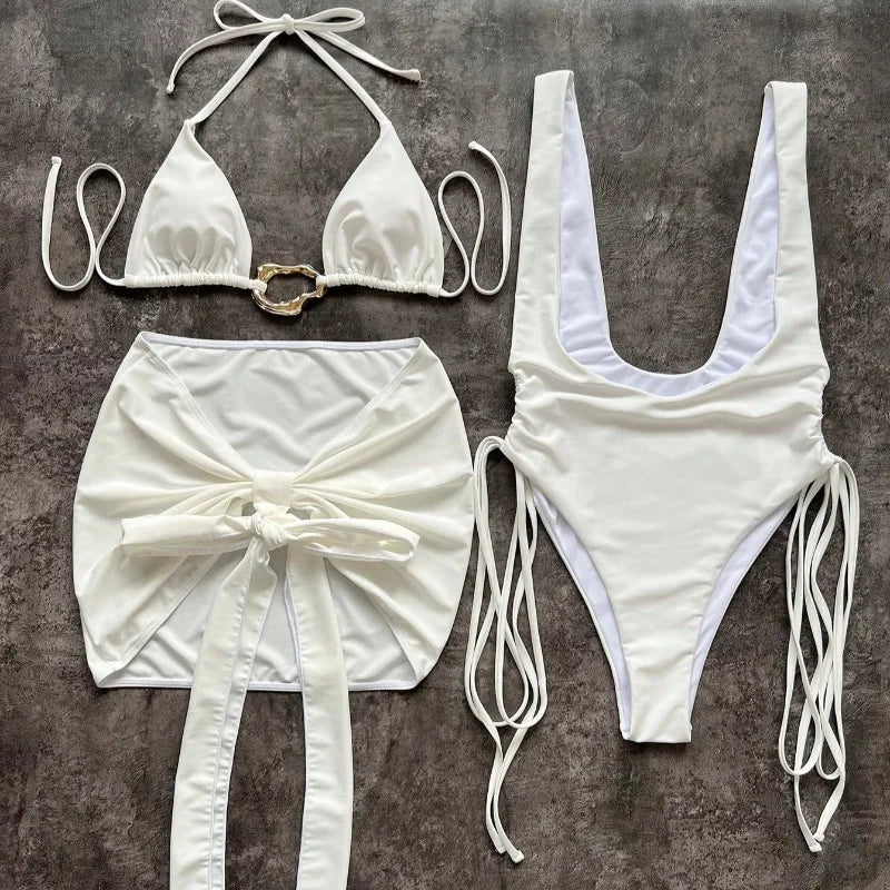 Toucheart Bikini Metal Buckle Lace-up Three-piece Bikini Swimsuit Intimate Bikini Quick-drying Sun Protection Set