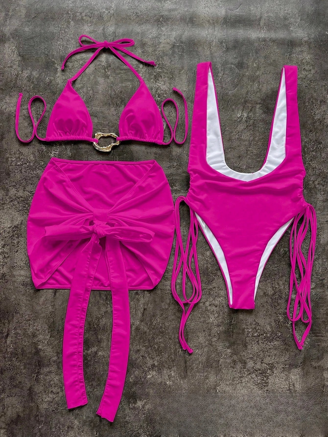 Toucheart Bikini Metal Buckle Lace-up Three-piece Bikini Swimsuit Intimate Bikini Quick-drying Sun Protection Set