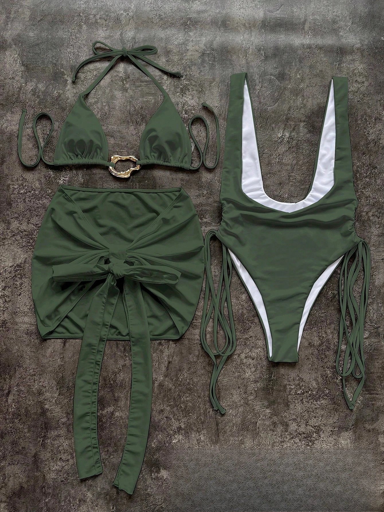 Toucheart Bikini Metal Buckle Lace-up Three-piece Bikini Swimsuit Intimate Bikini Quick-drying Sun Protection Set