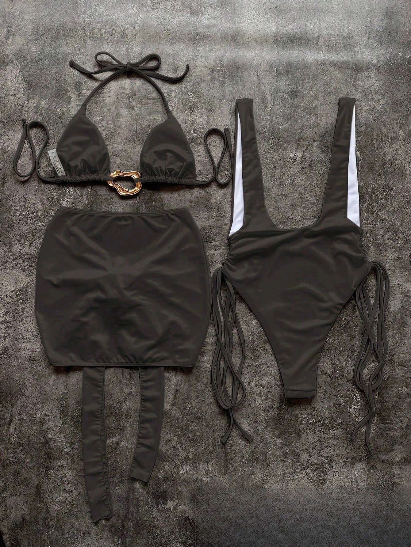 Toucheart Bikini Metal Buckle Lace-up Three-piece Bikini Swimsuit Intimate Bikini Quick-drying Sun Protection Set
