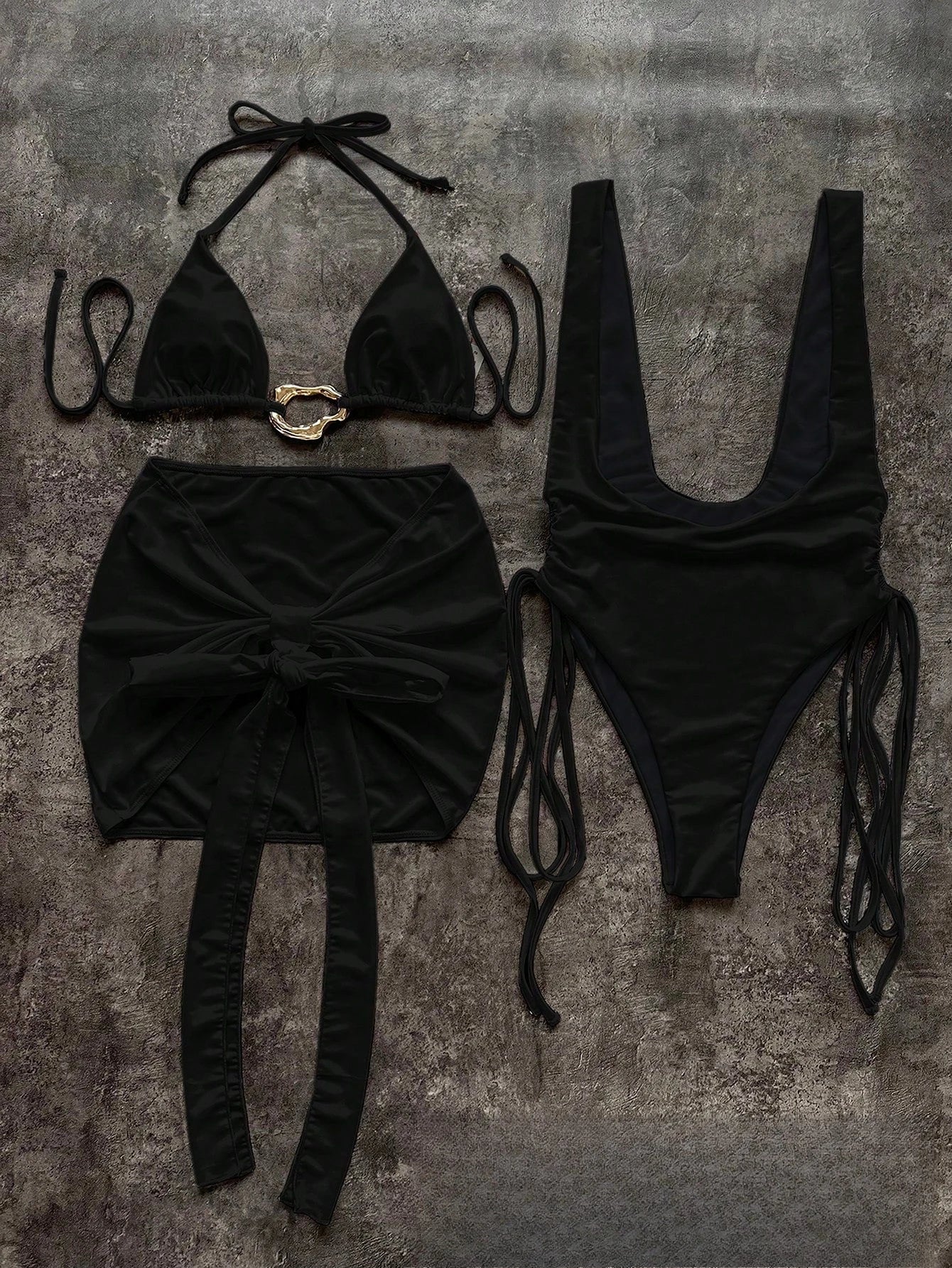 Toucheart Bikini Metal Buckle Lace-up Three-piece Bikini Swimsuit Intimate Bikini Quick-drying Sun Protection Set