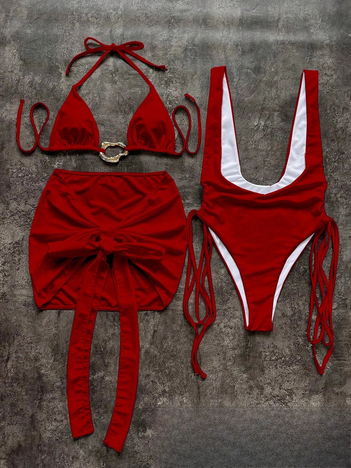 Toucheart Bikini Metal Buckle Lace-up Three-piece Bikini Swimsuit Intimate Bikini Quick-drying Sun Protection Set