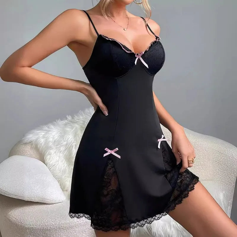 Toucheart Bow Knot Lingerie Sleepwear Pajamas Lace Camisole Dress V Neck Backless Lace Sleepwear Dress