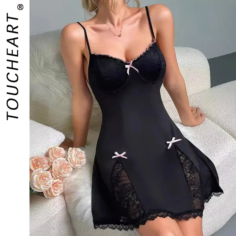 Toucheart Bow Knot Lingerie Sleepwear Pajamas Lace Camisole Dress V Neck Backless Lace Sleepwear Dress