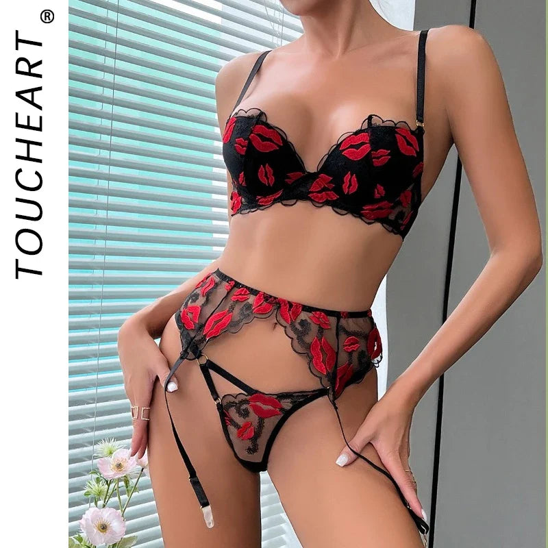 Toucheart Bra Lingerie 2-piece Set Mesh Transparent Bodysuit Heart Embroidery Lace Underwear Bras Body Femme