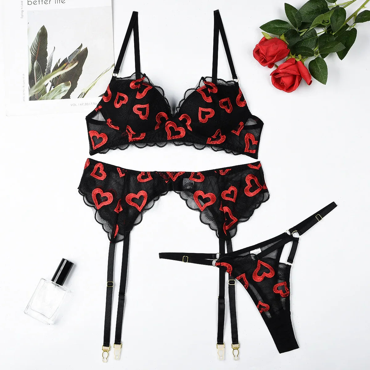 Toucheart Bra Lingerie 2-piece Set Mesh Transparent Bodysuit Heart Embroidery Lace Underwear Bras Body Femme