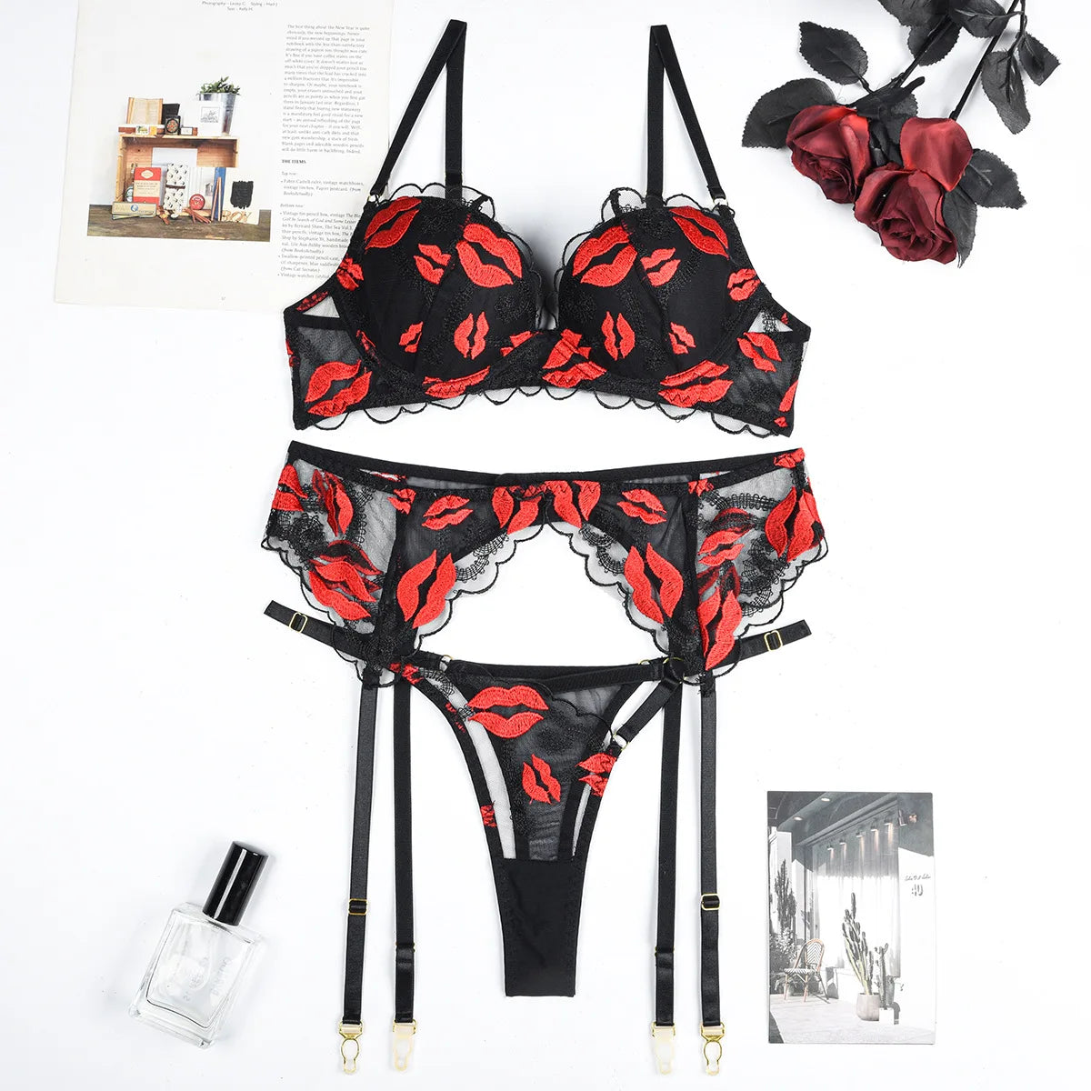 Toucheart Bra Lingerie 2-piece Set Mesh Transparent Bodysuit Heart Embroidery Lace Underwear Bras Body Femme