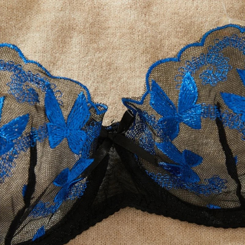 Toucheart Bra Underwear Set Embroidery Butterfly Printing Mesh Perspective Underwear Suit