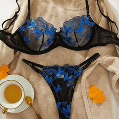 Toucheart Bra Underwear Set Embroidery Butterfly Printing Mesh Perspective Underwear Suit