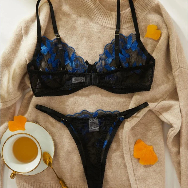 Toucheart Bra Underwear Set Embroidery Butterfly Printing Mesh Perspective Underwear Suit