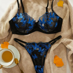 Toucheart Bra Underwear Set Embroidery Butterfly Printing Mesh Perspective Underwear Suit
