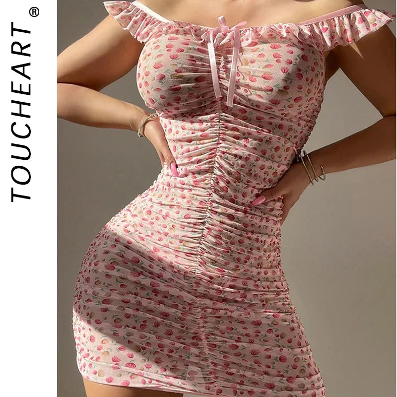 Toucheart Broken Flowers Fold Sleeping Dress Off Shoulder Ruffles Dress Floral Sweet Girl Slim Elegant Dress
