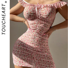 Toucheart Broken Flowers Fold Sleeping Dress Off Shoulder Ruffles Dress Floral Sweet Girl Slim Elegant Dress