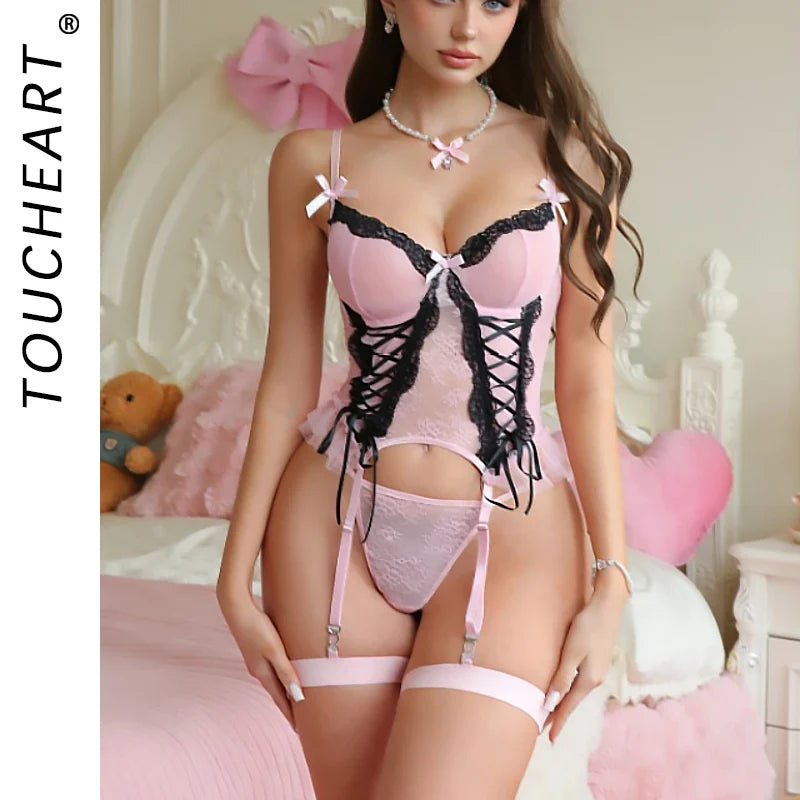 Toucheart Lingerie Floral Lace Suspender Socks Tight Binding Corset Lingerie Bow Knot Lace Underwear Set