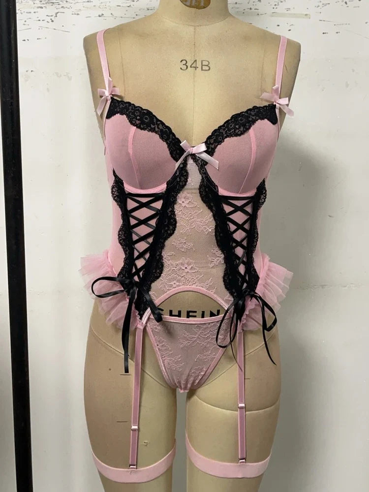 Toucheart Lingerie Floral Lace Suspender Socks Tight Binding Corset Lingerie Bow Knot Lace Underwear Set