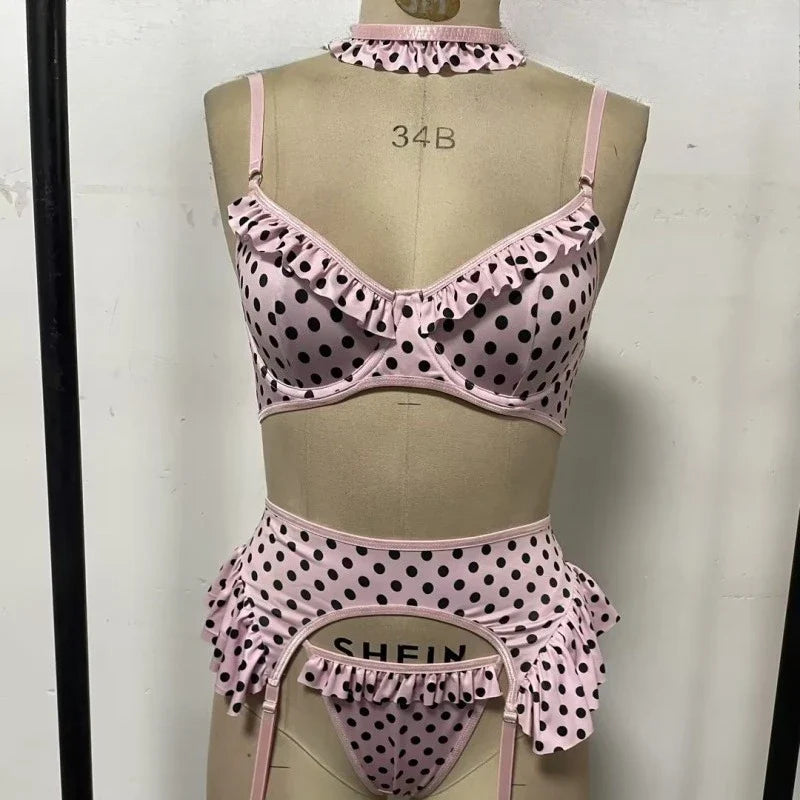Toucheart Lingerie Sweet Polka Dot Lingerie Suspender Socks Collar Set Pink Garters Underwear Set