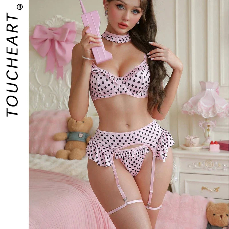 Toucheart Lingerie Sweet Polka Dot Lingerie Suspender Socks Collar Set Pink Garters Underwear Set