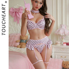 Toucheart Lingerie Sweet Polka Dot Lingerie Suspender Socks Collar Set Pink Garters Underwear Set