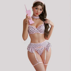 Toucheart Lingerie Sweet Polka Dot Lingerie Suspender Socks Collar Set Pink Garters Underwear Set
